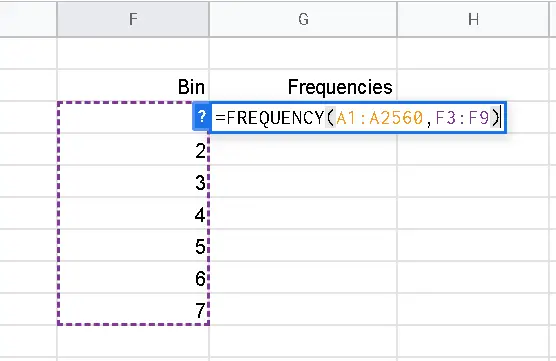 Use the FREQUENCY function in Google sheets 